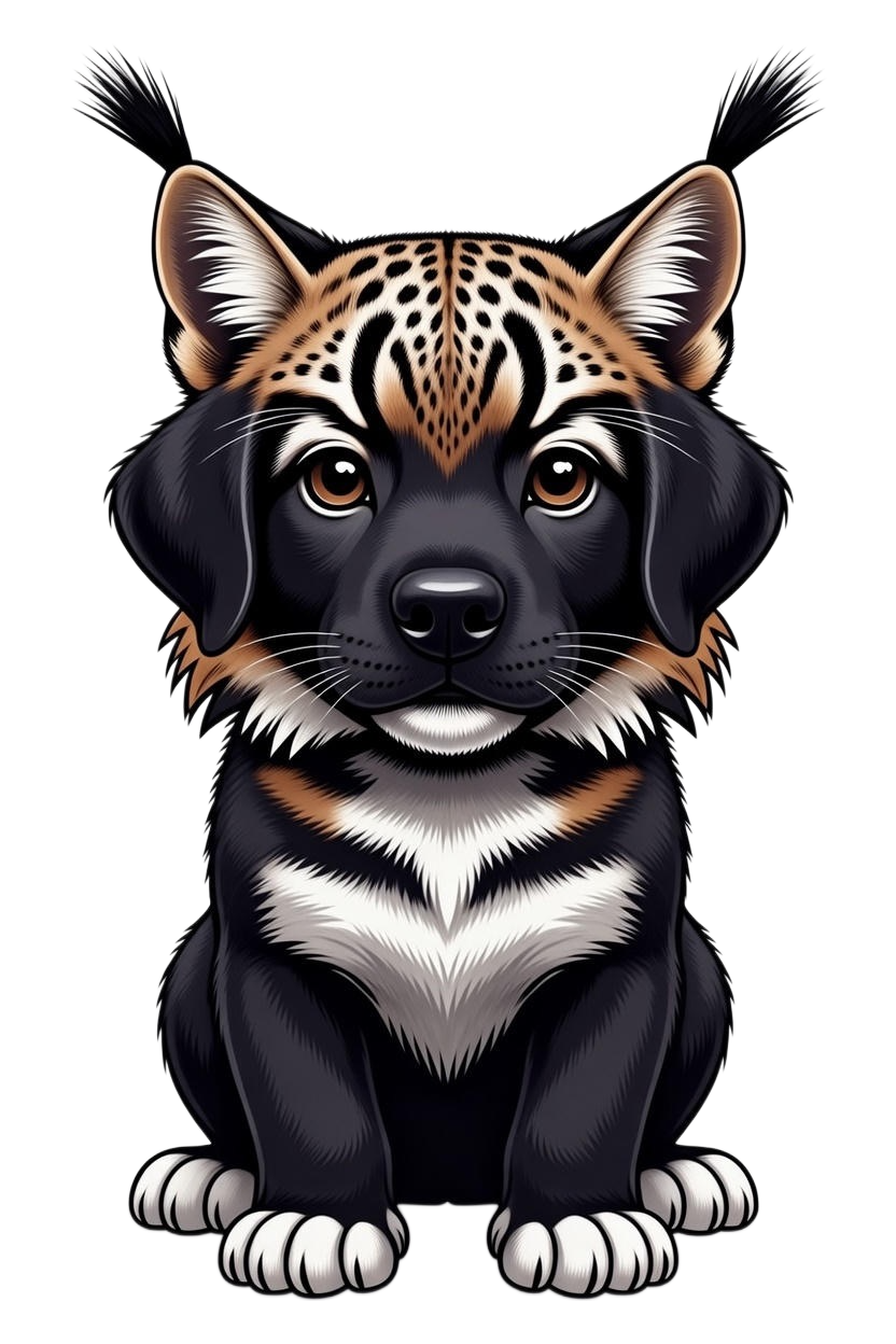 Angus, the RedLynx Tech mascot - a black lab/basset hound mix wearing a bobcat costume